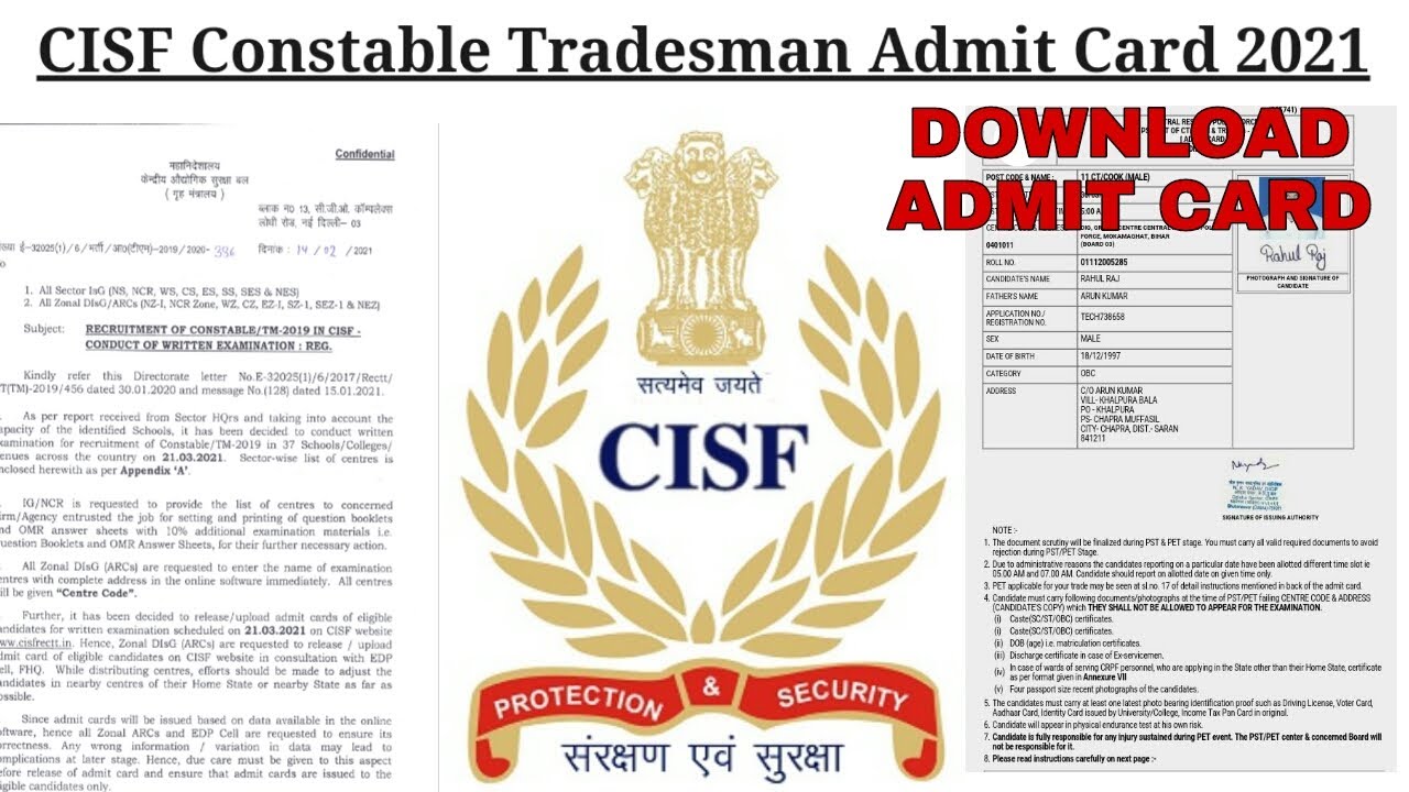 CISF Constable Tradesman Download Admit Card 2021CISF  Tradesman Admit Card 2021 Written Date