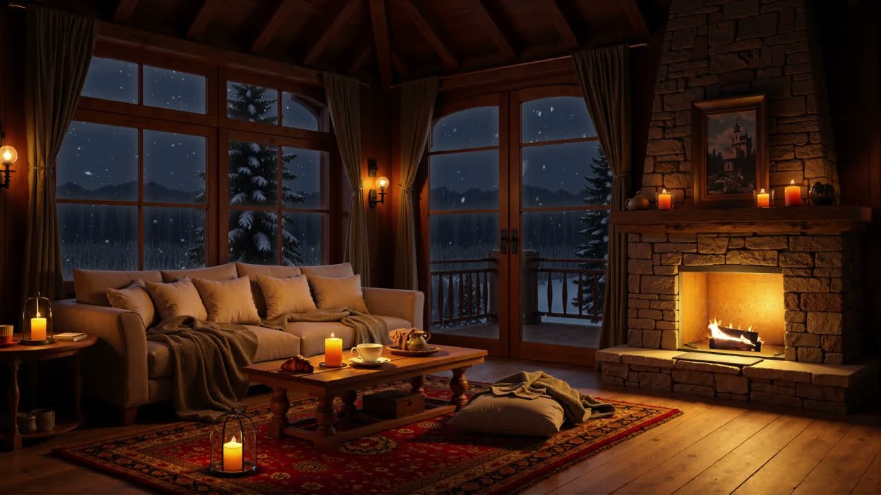 Cozy Winter Cabin Jazz ❄️ Warm Fireplace, Soft Snowfall & Peaceful Night Ambience