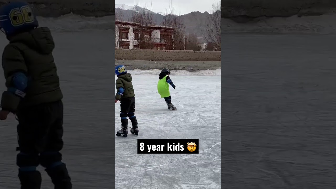 8 year kid skating on ice pond in leh ladakh 
