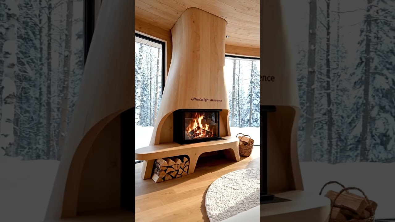 Cozy Winter Cabin Fireplace View | Snowy Forest Retreat