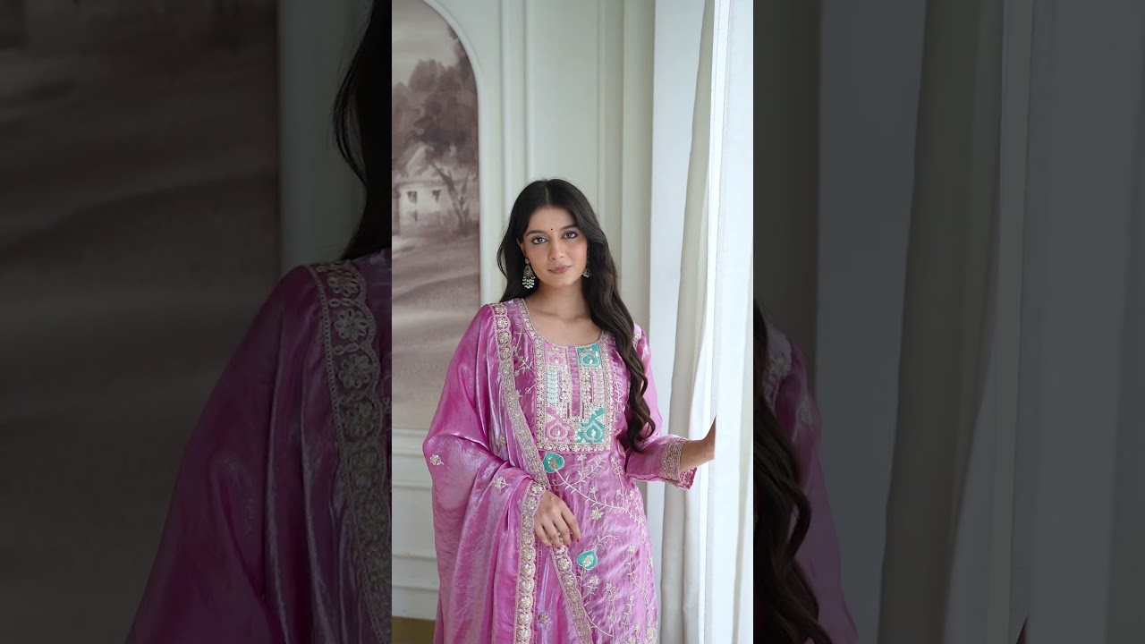 Mauve Sequins Embroidered Suit – Palazzo, 3/4th Sleeve