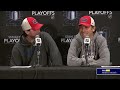 Logan Thompson and Dylan Strome talk after Game 2 vs. Montreal