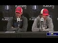 Logan Thompson and Dylan Strome talk after Game 2 vs. Montreal