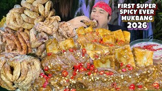 First Spicy Mukbang 2026 Spicy Buffalo Ribs With Super Crispy Pork Isaw Mukbang Pinoy Mukbang
