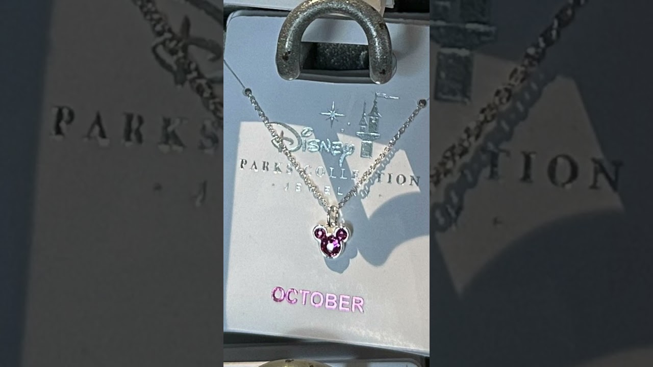 Disney Parks Mickey Mouse Rose Color October Faux Birthstone Necklace w/ Silver Color Chain 