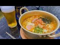 ダイソーで買ったアルミ鍋で辛ラーメン煮込んで晩酌キメる