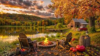 Relaxing Autumn Campfire by the Lake at Golden Hour🍁Warm Fire, Sunset Views & Peaceful Nature Sounds