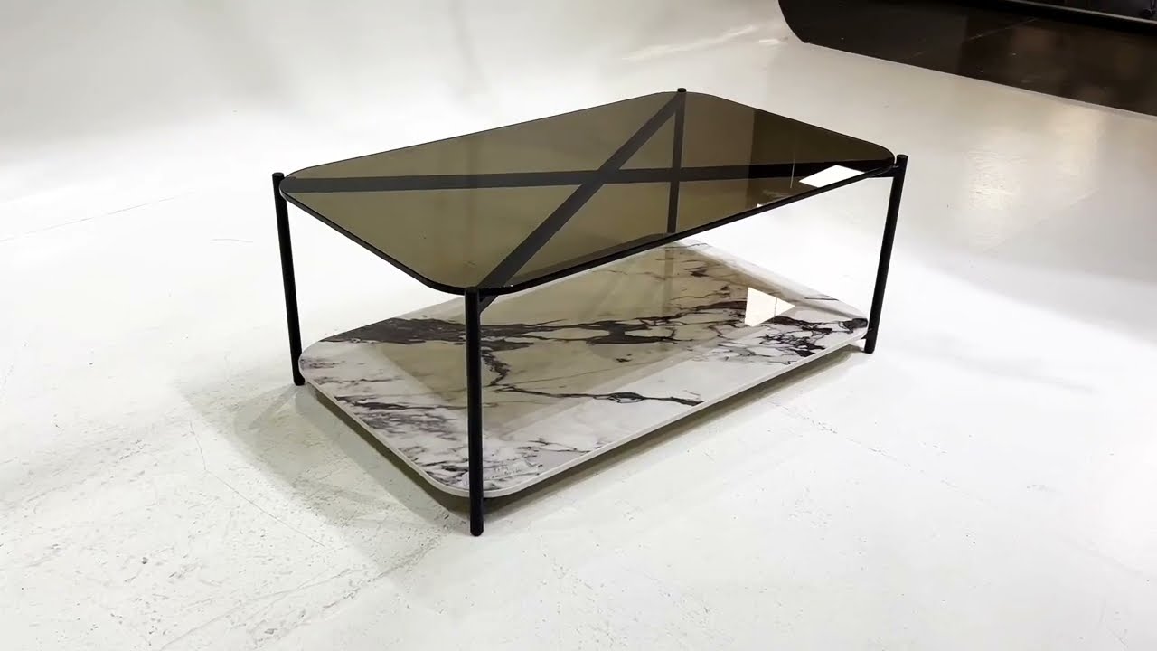 TABLE BASSE OSIRIDE avec structure en métal et deux plateaux en verre et céramique effet marbre