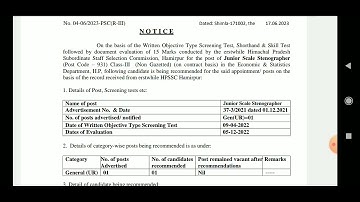 HPPSC JUNIOR SCALE STENOGRAPHER POST CODE 931 FINAL RESULT