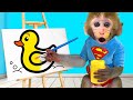 Monkey Baby Bon Bon Drawing Duckling And Swimming With Ducklings In The Pool