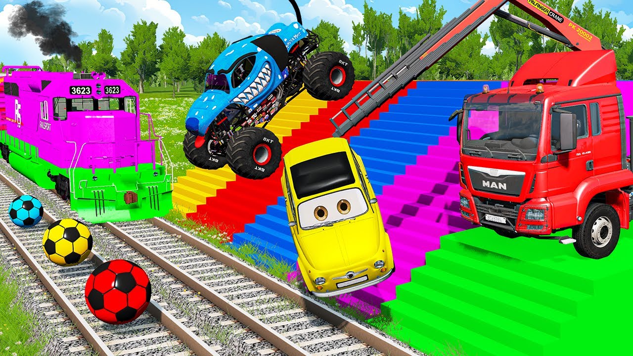 Funny Cars vs Monster Truck Rescue Flatbed Trailer – Slide Color vs Deep Water | BeamNG Drive