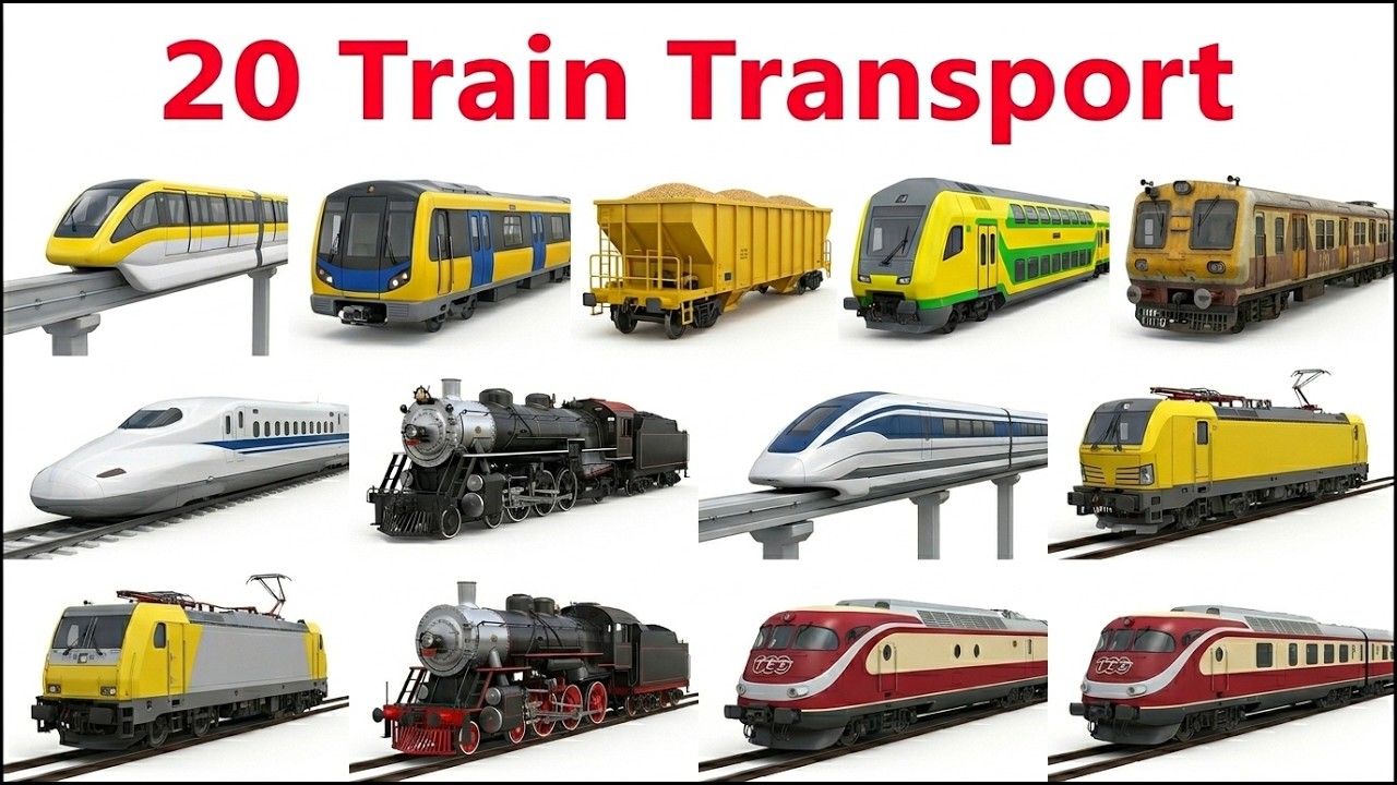 ट्रेन के 20 प्रकार 🚆 | Learn Train Transport Names in English & Hindi | Kids Educational Video
