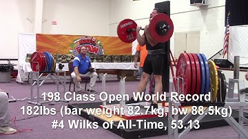 Coop 198 Class Strict Curl Open World Record. 82.7kg (182lb) lift at 88.5kg (195) bw, 53.13 Wilks