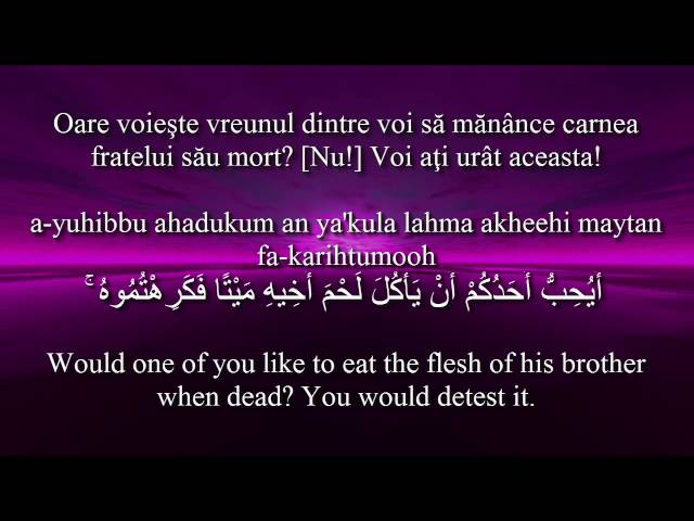 Holy Quran Surat Al-Hujurat [49:11-13]! Romanian and English translation. Arabic transliteration. class=