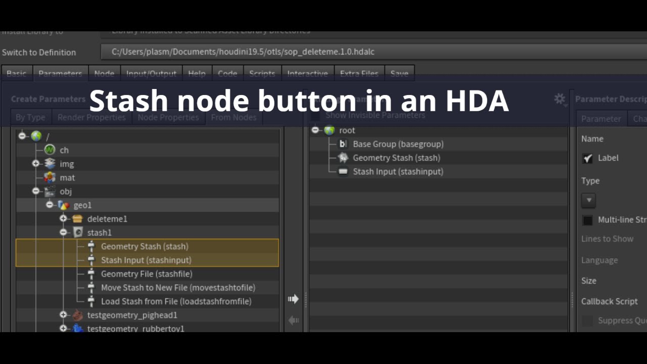Houdini Stash node button in an HDA