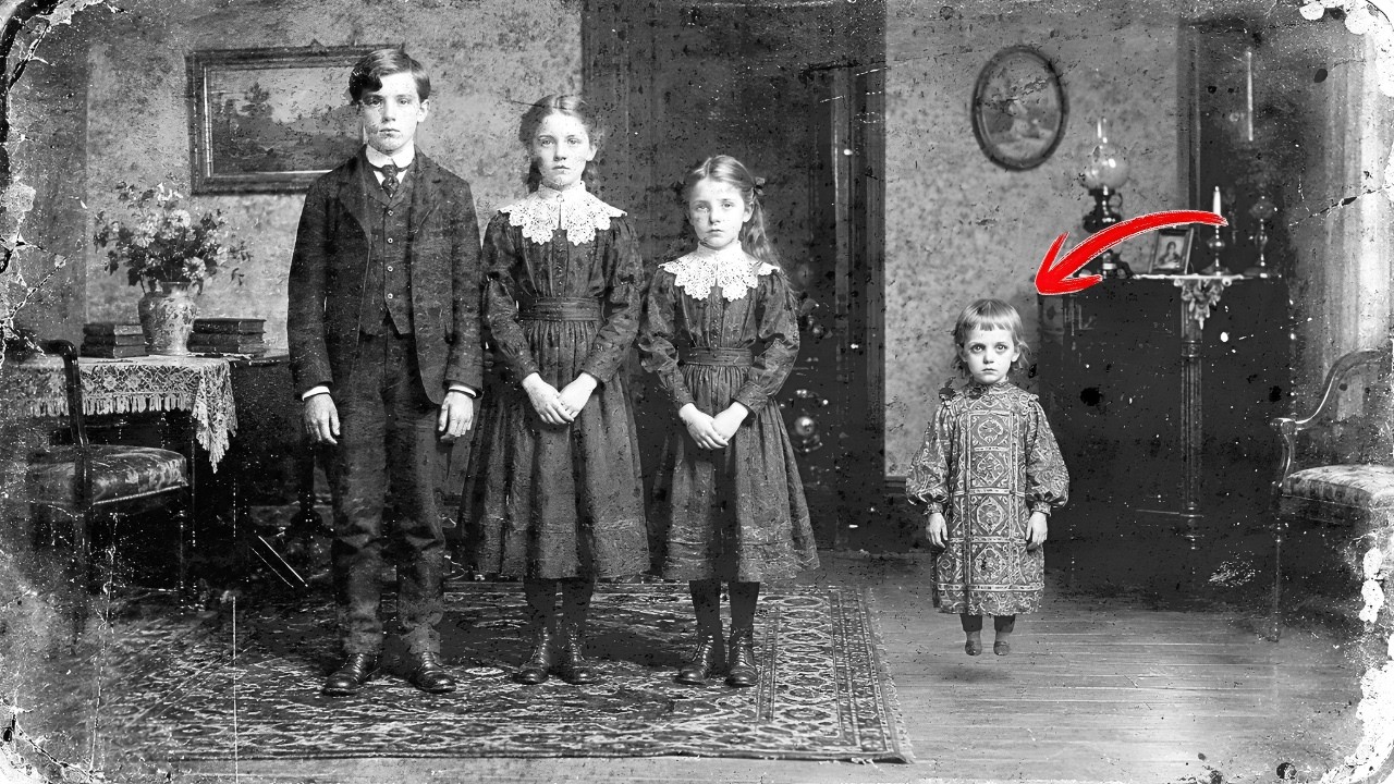 A photograph from 1894. Four children standing in a row. The oldest is a boy of about fourteen, hands folded in front of him. Next to him, two girls in matching lace collars. And at the end of the...