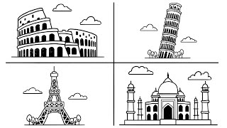 How to Draw Famous landmark part-1 Eiffel tower The Leaning Tower of Pisa taj mahal Colosseum