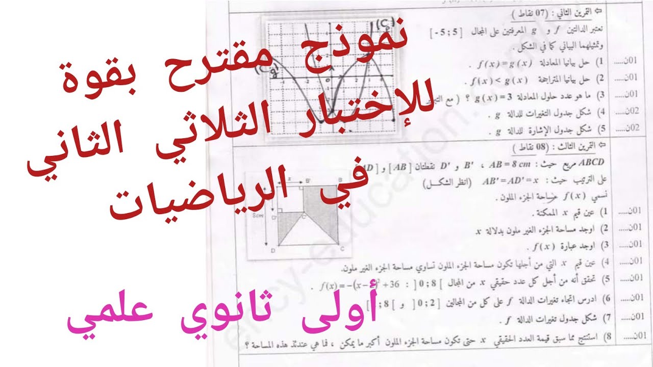 نموذج مقترح بقوة للإختبار الثلاثي الثاني في الرياضيات/أولى ثانوي علمي