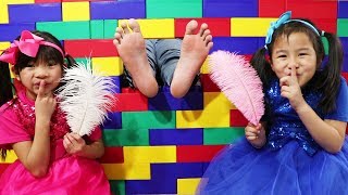 Emma & Jannie Pretend Playing with Colored Toy Blocks