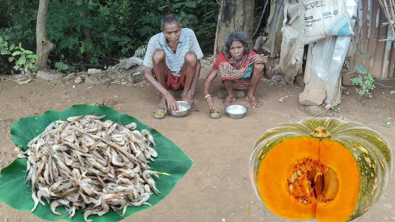 100 year old grandma cooking SHRIMP FISH with PUMPKIN and eating | rural lifestyle of tribe people 