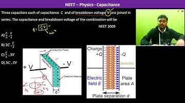 Three capacitors each of capacitance  C  and of breakdown voltage  V  are joined in series. The