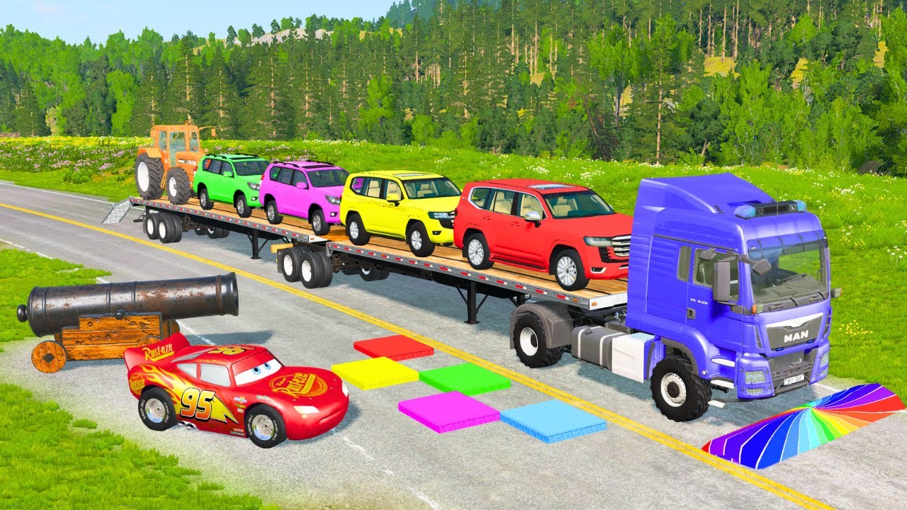 Flatbed Truck McQueen | Transportation with Truck - Pothole vs Car #82 | BeamNG.Drive Gameplay