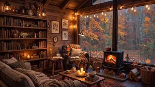 Jazz Relaxing Music π Cozy Forest Cabin in Autumn Rain with Fireplace Sounds for Deep Relaxation