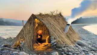 : Building a Warm and Cozy Hut for Survival. Steak on River Stone. Secret Hut, Winter Bushcraft