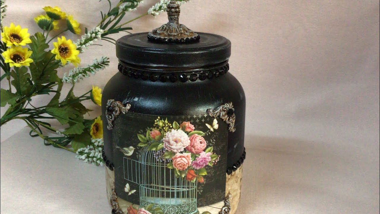 Pote de Vidro com Decoupage / Pintura Diferente / Apliques de biscuit e resina