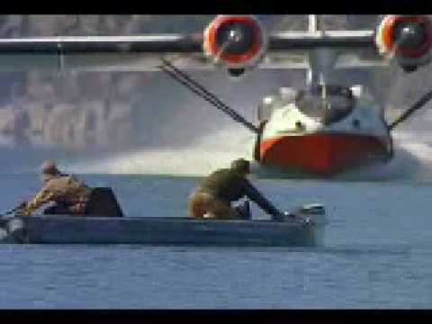 SPECTACULAR WATER PLANE (CATALINA) NEARLY CUTS FISHERMENS HEADS OFF