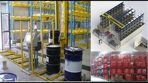 Overhead Stacker Crane Stores Retrieves Drums Barrels Over Racks Across Multiple Aisles