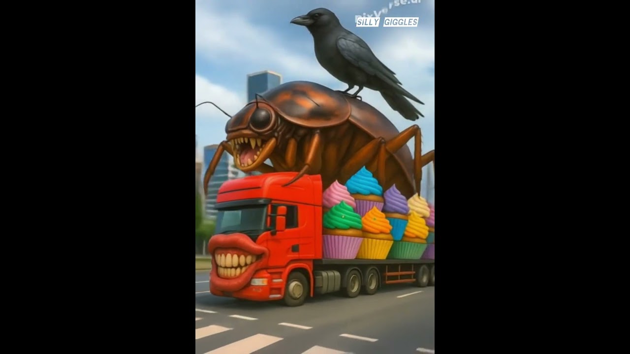 Giant Cockroach Truck with Cupcakes and a Crow  Surreal City Animation