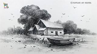 Pencil Sketch And Shading Old House And Boat In Nature Scenery Art