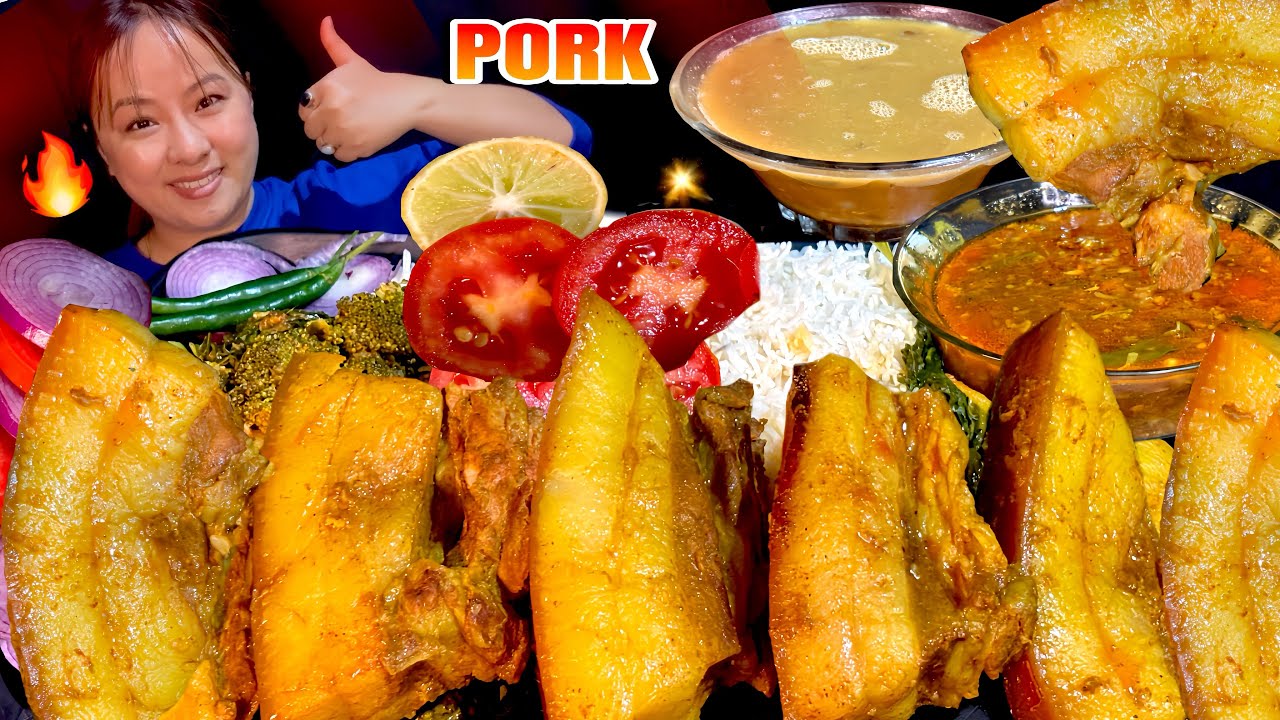 SPICY HUGE BIG PIECES OF OILY FATTY PORK CURRY WITH RICE MUKBANG! PORK MUKBANG! 