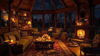 Soft Jazz Music in Cozy Hut Ambience 🔥 Night Rain & Crackling Fireplace Sounds for Relaxation, Sleep screenshot 5