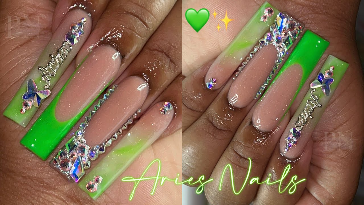 GREEN MARBLE ARIES NAILS 💚♈️ | BLING FRENCH💎| ZODIAC SERIES