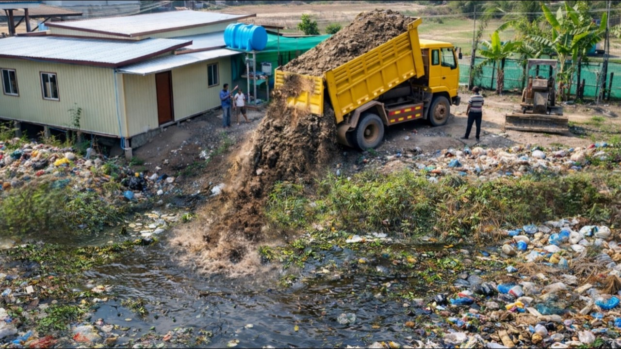 Complete100% In Flooded Village Quickly Working by Mini Dozer Pushing & Dump Truck Overloading Soils