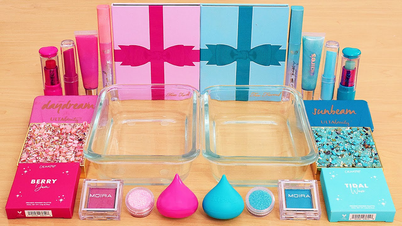 Pink vs Teal - Mixing Makeup Eyeshadow Into Slime ASMR