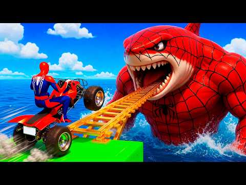 SPIDER-MAN Rescue Superhero vs SPIDER SHARK on Motorcycle in RAINBOW BUS BRIDGE | GTA 5 Funny Game
