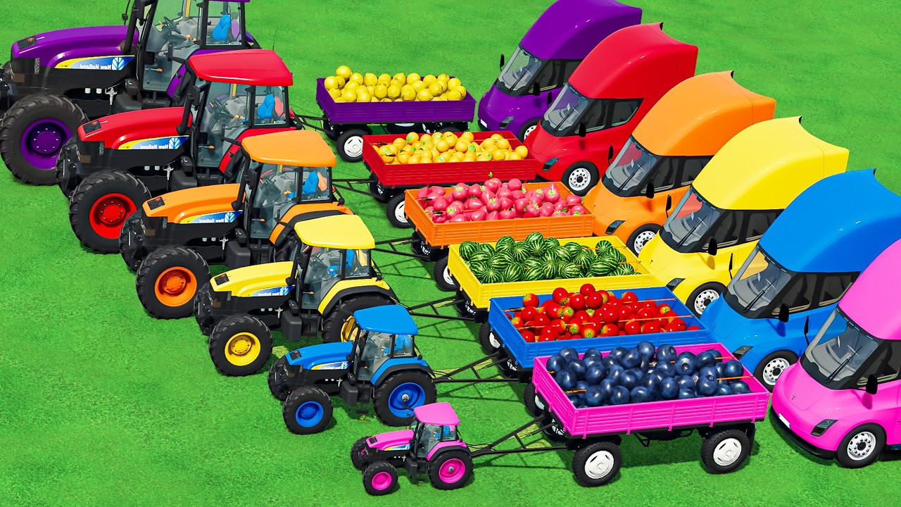 LOAD & TRANSPORT New HOLLAND Mini to GIANT TRACTORS & FRUITs with FLATBED TRAILER & TESLA LOADER!!