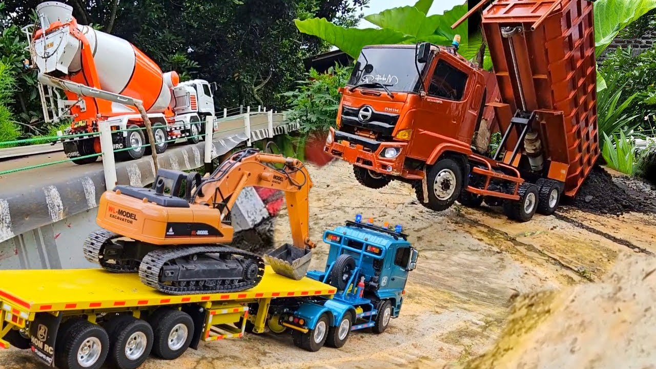 AKSI KE 76 ‼️ Pengecoran Jalan Layang Rc Truk Hino Trailer vs Tronton Angkut Pasir Penuh Putar Arah