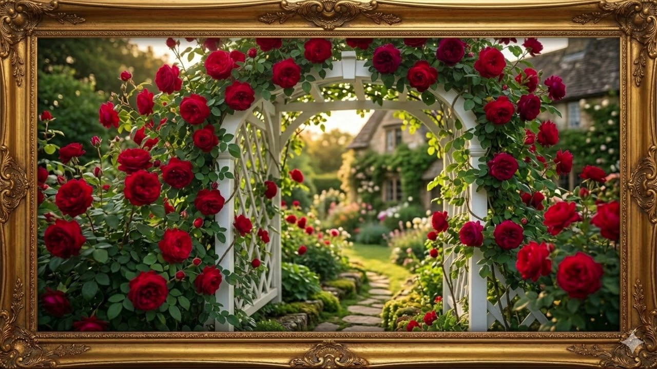 Beautiful rose trellis garden TV Frame Art Screensaver : Arte de TV Rosas गुलाब