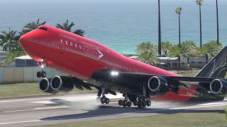 A massive Boeing 747 struggles to take off from the short runway at St  Maarten TNCM!