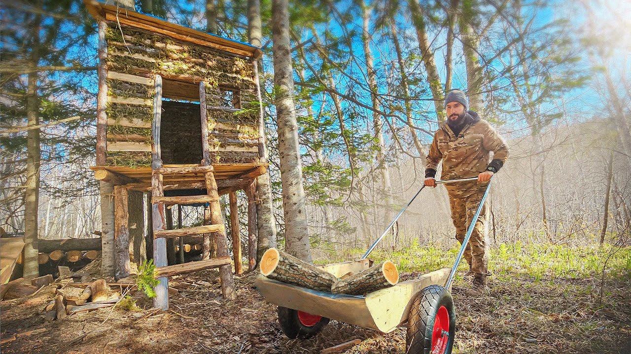 Building a TREE HOUSE in the WILD FOREST alone | DIY cart | Food on the ...