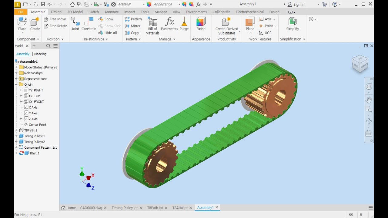 #70  Timing Pulley, Belt Modeling & Drive INVENTOR  ( 인벤터 타이밍 풀리, 벨트 모델링 & 구동 )