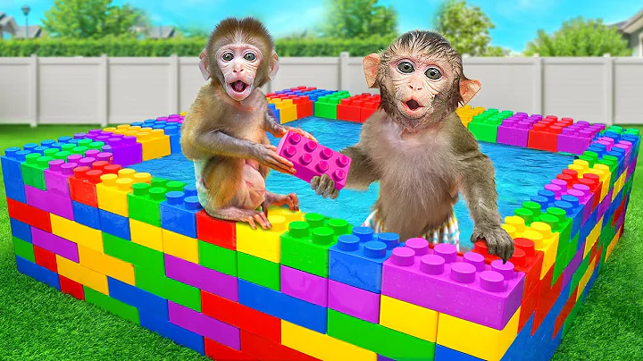 KiKi Monkey has fun in the DIY Colorful Lego Swimming Pool with Naughty Baby | KUDO ANIMAL KIKI