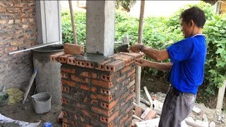 How to Install Terracotta Bricks and Cement Into Concrete Pillars - Build House Columns Step by Step