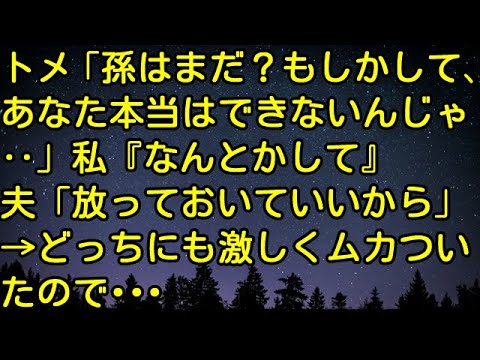 【スカッとする話】トメ「孫はまだ？もしかして、あなた本当はできないんじゃ‥」私『なんとかして』夫「放っておいていいから」→どっちにも激しくムカついたので‥　スカッとしようぜチャンネル