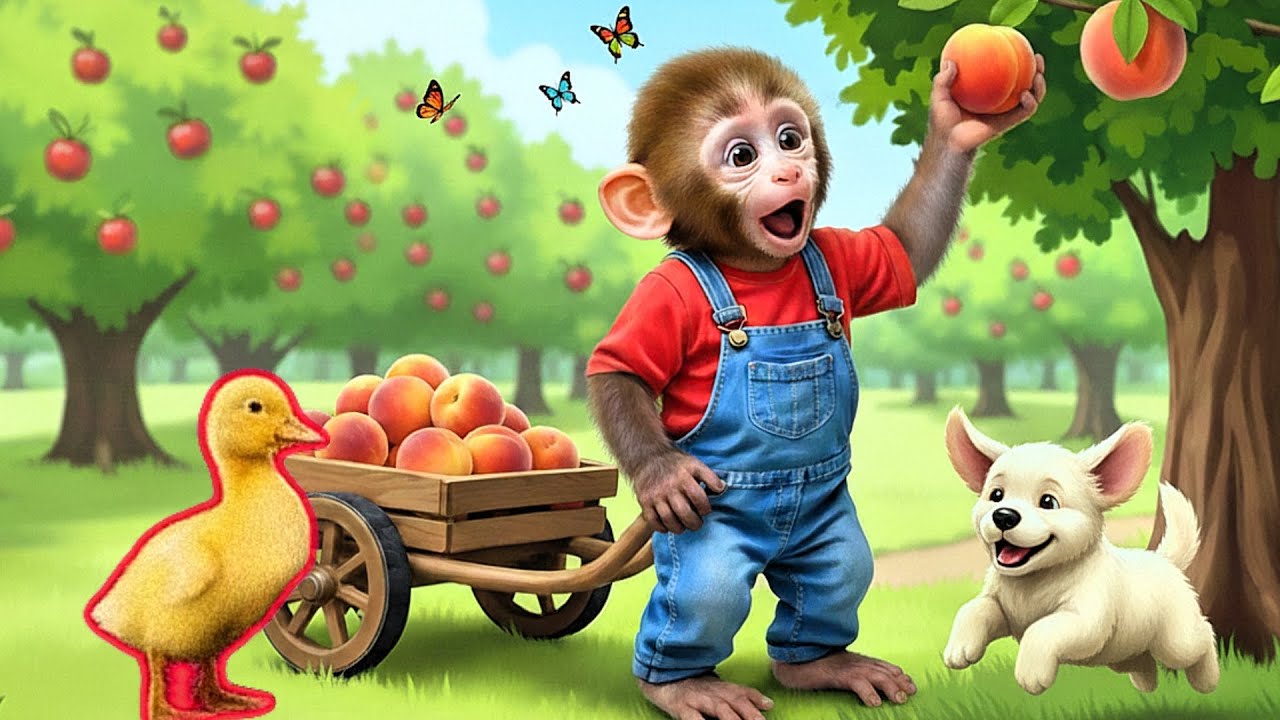 Monkey CoCo And Duckling Drives Tractor Harvests Peaches - CoCo Monkey & Farm
