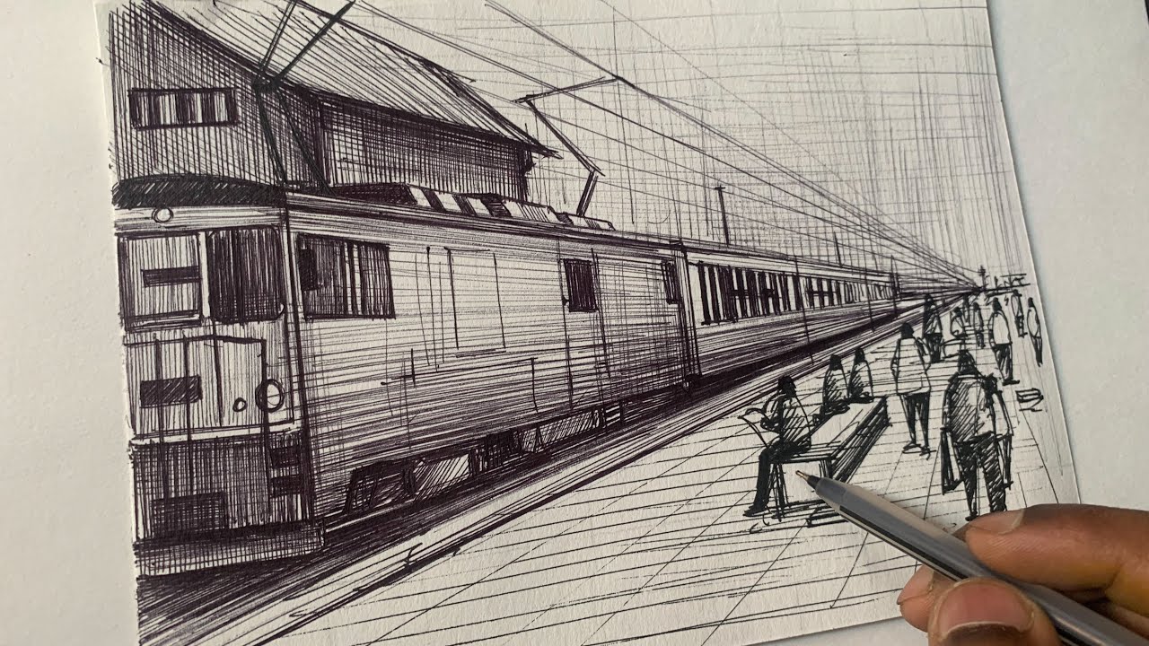Railway station platform train billboard graphic black white sketch  illustration vector Stock Vector  Adobe Stock